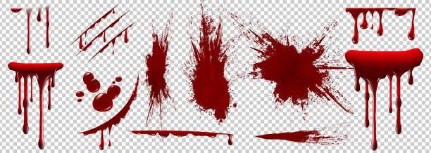 realistyczna halloweenowa krew wyizolowana na przezroczystym tle. krople krwi i plamy. - splattered spray dirty spilling stock illustrations