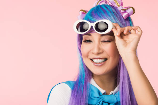 Smiling Anime Girl In Wig And Sunglasses Isolated On Pink Stock Photo -  Download Image Now - iStock