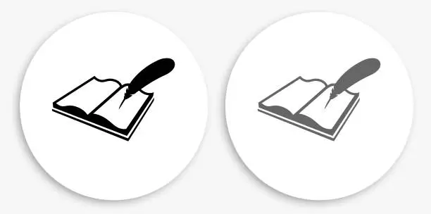 Vector illustration of Open Book and Quill Pen Black and White Round Icon
