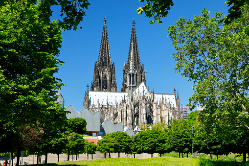 Cologne Cathedral in spring time. View from the Rhine promenade.