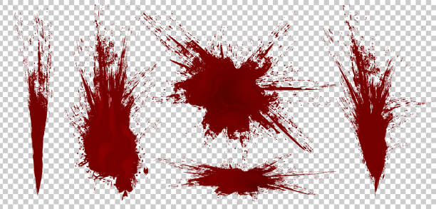 ilustrações de stock, clip art, desenhos animados e ícones de realistic halloween blood isolated on transparent background. blood drops and splashes. can be used on halloween design, medical, healthcare, flyers, banners or web. vector blood illustration. eps 10. - splattered