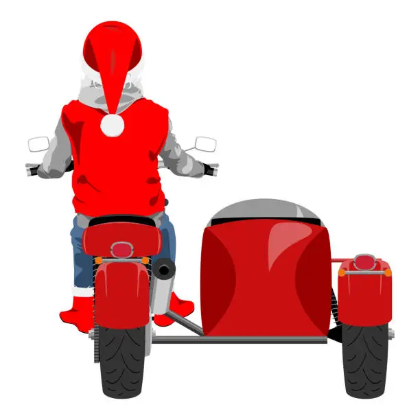 Vector illustration of Santa on classic sidecar motorcycle back view isolated color vector illustration