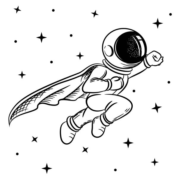 Astronaut in a raincoat flies. Vector illustration on a theme of astronomy. Coloring page, Astronaut in a raincoat flies. Vector illustration on a theme of astronomy cosmonaut stock illustrations