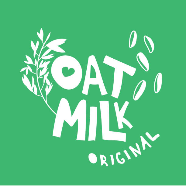 Original oat milk hand drawn flat lettering Original oat milk hand drawn flat lettering. Grains, branch vector doodles. Morning drink. White typography on green background. Healthy lifestyle. Natural nutrition label, packaging, logo concept grain and cereal products stock illustrations