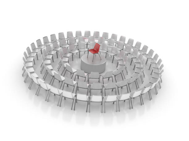 istock Circle of Chairs with Leader Red Chair - 3D Rendering 1152407681