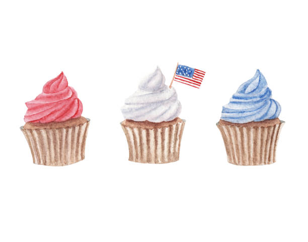 aquarell set von cupcakes. 3 cupcakes blau, rot und weiß cremefarbig - american flag fourth of july watercolor painting painted image stock-grafiken, -clipart, -cartoons und -symbole