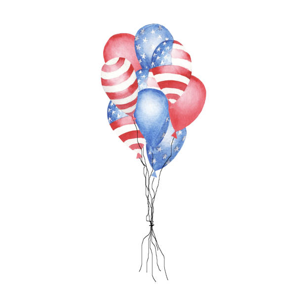 aquarell-set von mehrfarbigen ballons isoliert auf weißem hintergrund - american flag fourth of july watercolor painting painted image stock-grafiken, -clipart, -cartoons und -symbole