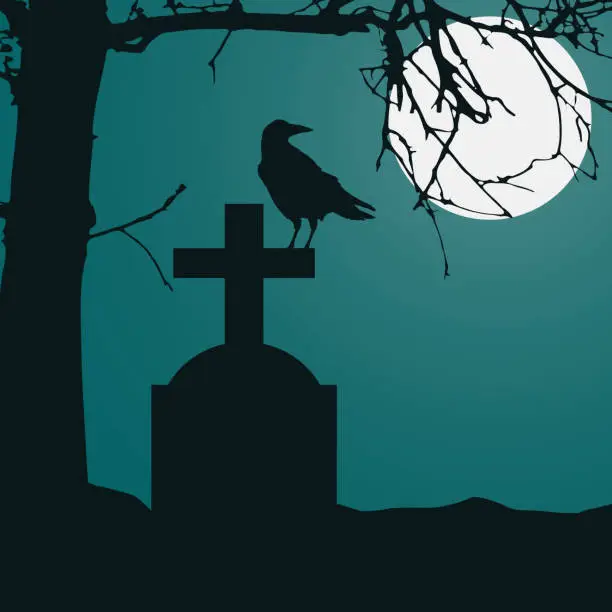 Vector illustration of Realistic illustration of a tombstone in a cemetery with a sitting raven and a dry dead tree. Full moon on night green spooky sky - vector