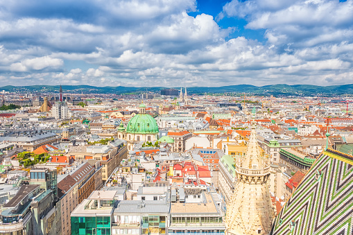 Vienna from the observation deck of the Steffl Tower of St. Stephen Cathedral, Austria.