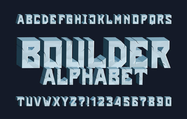 Boulder alphabet font. 3D Cracked letters and numbers. Boulder alphabet font. 3D Cracked letters and numbers. Stock vector typescript for your typography design. stone material stock illustrations