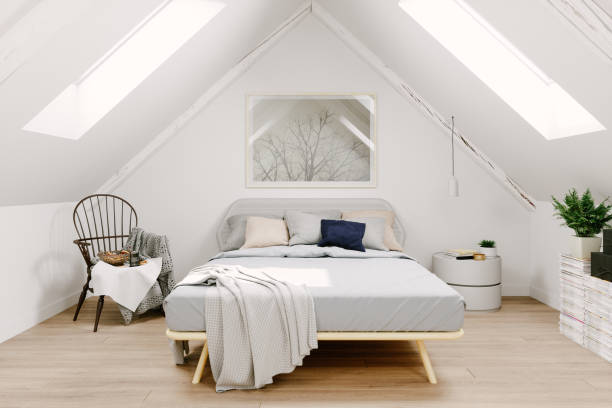 intérieur de chambre mansardée de style scandinave - house attic desing residential structure photos et images de collection