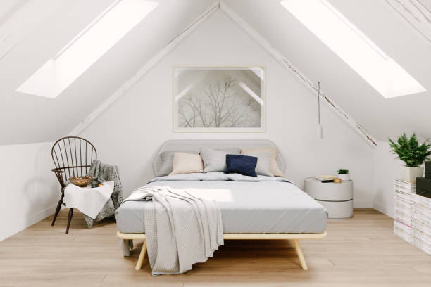 scandinavian style attic bedroom interior - scandinavian culture imagens e fotografias de stock