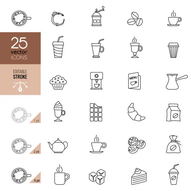 Vector illustration of Coffee shop line icon set. Editable stroke.