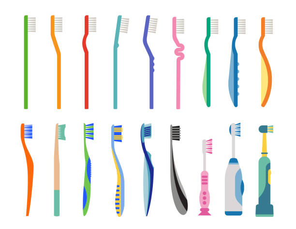 Set of several toothbrush flat illustrations. Products for oral hygiene. Products for dental health maintenance. Vector illustration. toothbrush stock illustrations