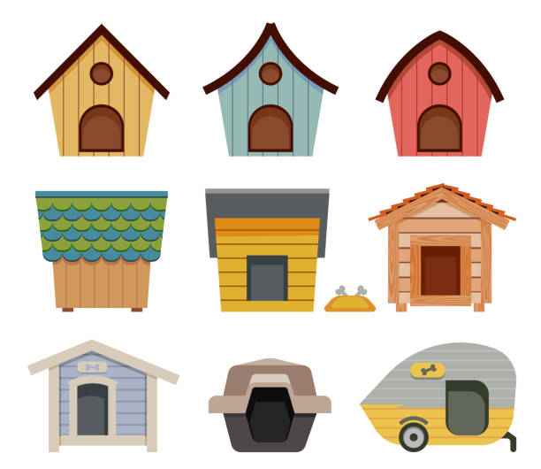 Various types of dog houses. Unique dog house designs. kennel stock illustrations