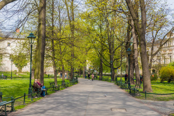 Krakow Poland. April 2019. A view of planty park in the medieval old Town in Krakow