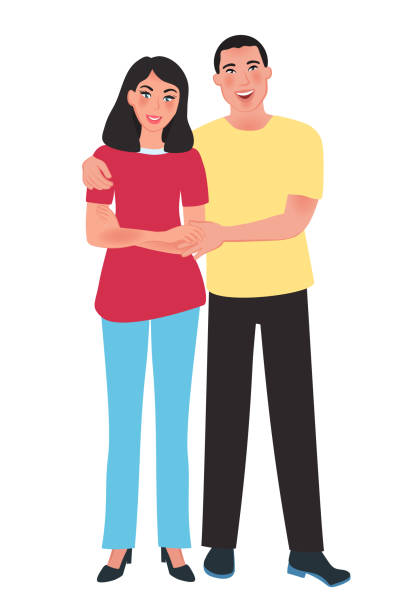 People in life situations Happy Asian husband and wife hugging each other. Family relation. Vector illustration of people and emotions wife stock illustrations