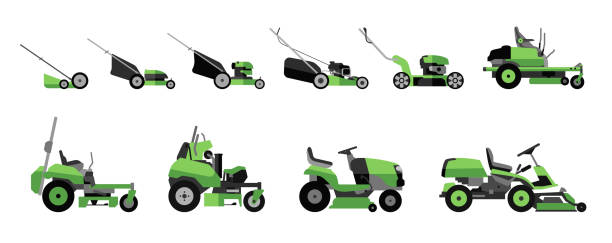 Various types of lawn mowers isolated on white background. vector art illustration