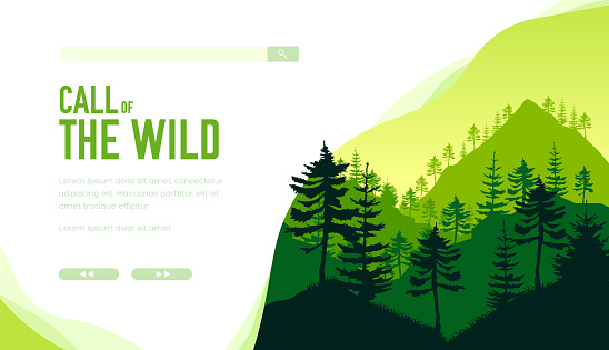 Call of the wild, save Earth concept. Silhouette of evergreen trees on mountains. Depths of ancient forest on green background. Vector design for ecology, botanic, tourist projects. Place for text.