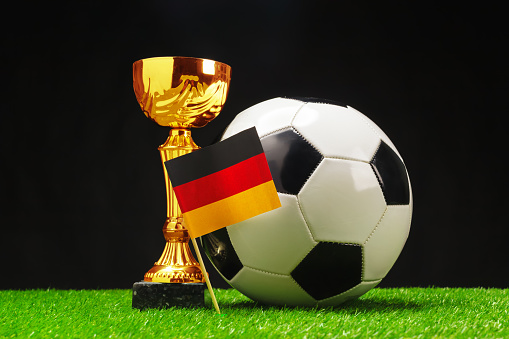 Football cup with football ball on grass
