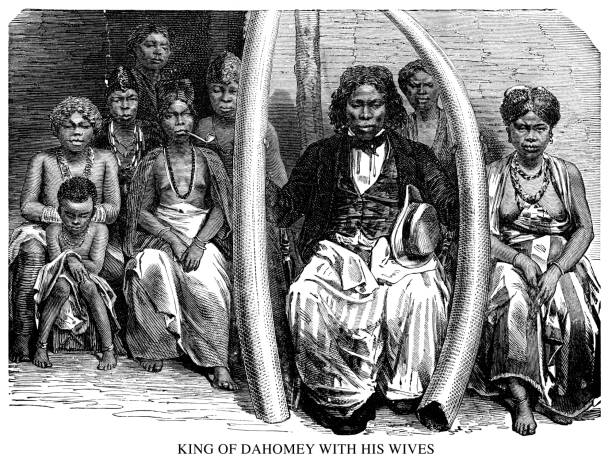King of Dahomey with his wives King of Dahomey with his wives - Scanned 1890 Engraving polygamy stock illustrations