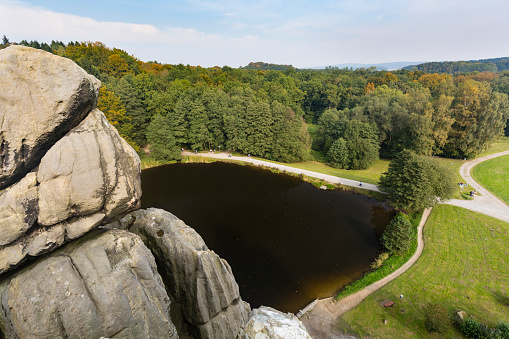 View from the famous sandstone rock formation Externsteine in autumn in Germany