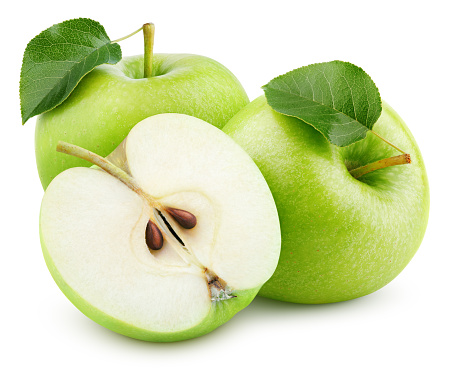 Group of ripe green apple fruits with half and green leaves isolated on white background. Apples with clipping path. Full Depth of Field