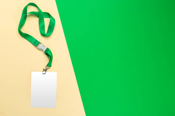 istock Blank white badge on color block background top view 1152428912