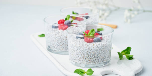 istock Banner with chia pudding with fresh berries raspberries, blueberries. Three glass, light background, side view, flowers. 1152433120