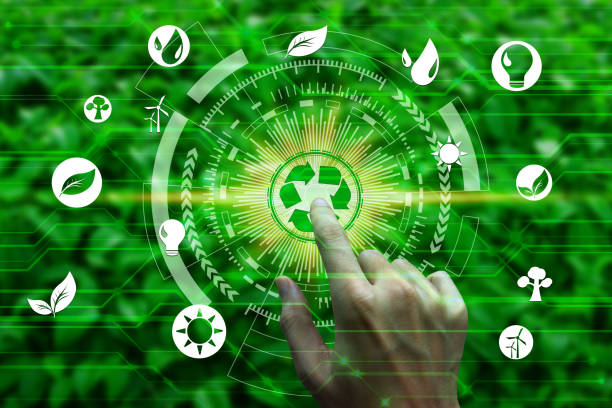 istock Finger touch with environment icons over the Network connection on nature background, Technology ecology concept 1152433306