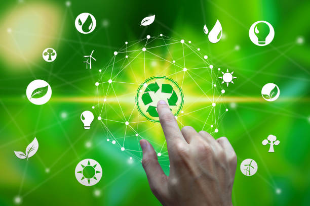 istock Finger touch with environment icons over the Network connection on nature background, Technology ecology concept 1152433325