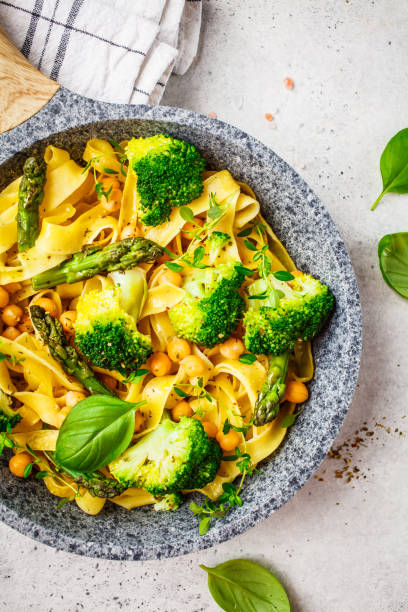 istock Vegetarian pasta with broccoli, asparagus and chickpeas in pan, top view. 1152435050