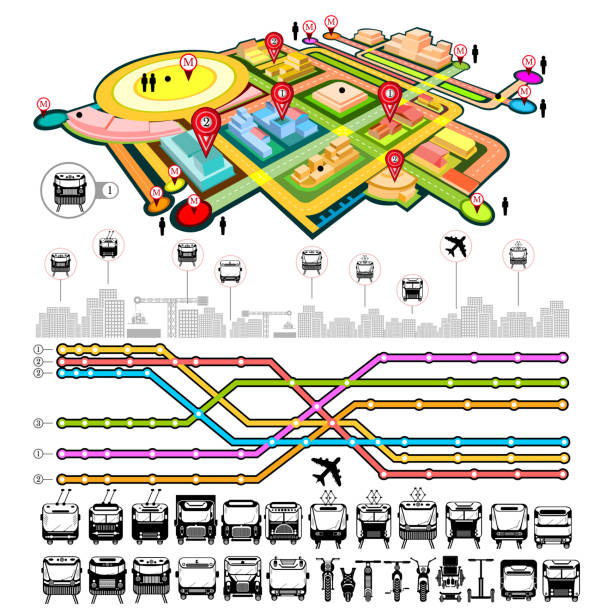 illustrations, cliparts, dessins animés et icônes de info transport graphique avec carte de ville, icônes de transport et différents éléments de communication - mockup metro