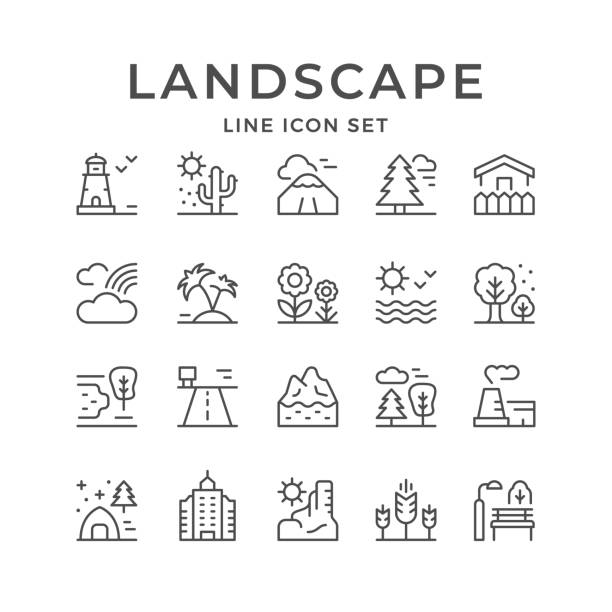 установить контуры линий иконы ландшафта - mountain sea house landscape stock illustrations