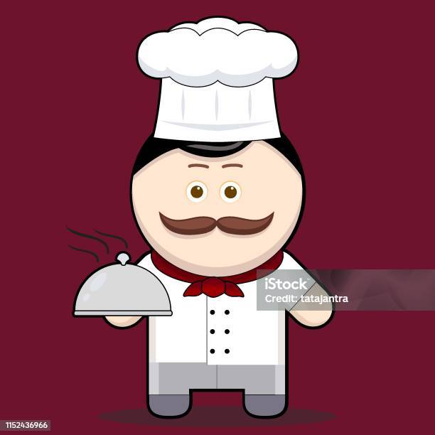 Cartoon Illustration Cute Chef Holding A Metal Food Platter Stock Illustration - Download Image Now