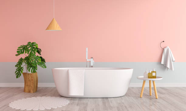 różowa łazienka wanna wewnętrzna, renderowanie 3d - inside of model home indoors bathroom zdjęcia i obrazy z banku zdjęć