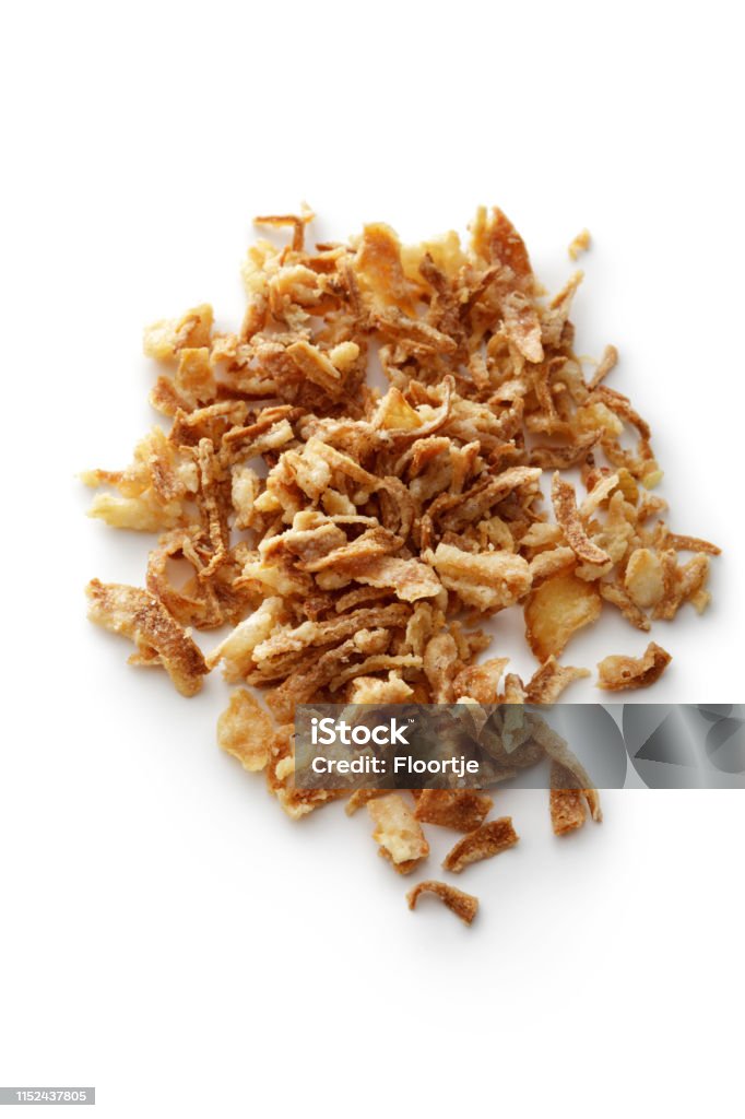 Seasoning: Fried Onions Isolated on White Background Onion Stock Photo