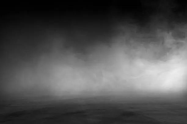 Photo of empty dark room abstract fog smoke glow rays wall and floor interior displays product