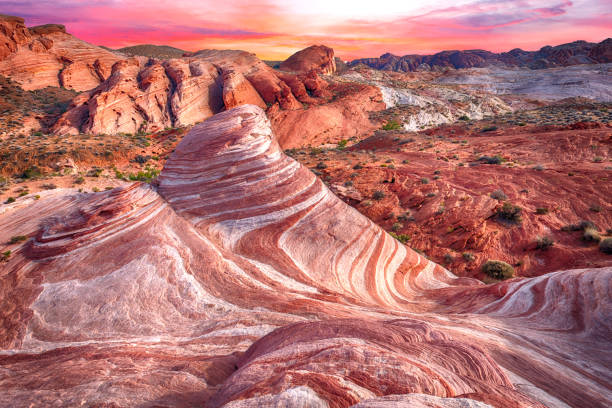 Fire wave Amazing colors and shape of the Fire Wave rock in Valley of Fire State Park, Nevada, USA red rocks landscape stock pictures, royalty-free photos & images