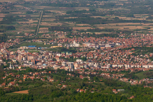 Panorama of Loznica seen from the mountain Gucevo. City of Loznica in west Serbia aerial view. Loznica, Serbia April 21, 2019: Panorama of Loznica seen from the mountain Gucevo. City of Loznica in west Serbia aerial view. undivided highway stock pictures, royalty-free photos & images