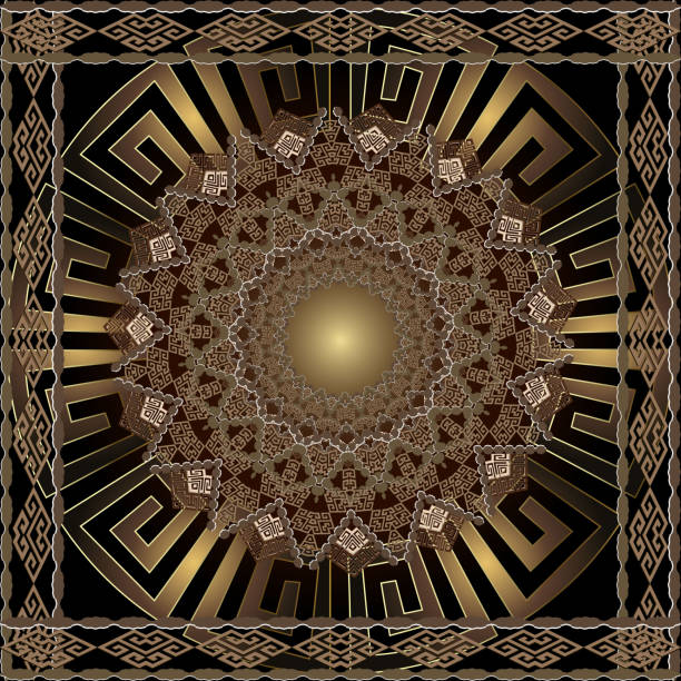 istock Greek key meanders round 3d mandala pattern. Ornamental grecian style greece square frame background. Tribal  geometric abstract ornate background. Repeat ancient decorative ornament. Modern 3d design 1152439839