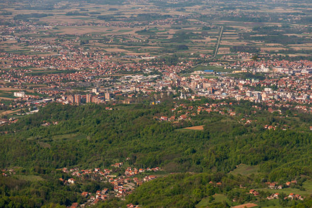 Panorama of Loznica seen from the mountain Gucevo. City of Loznica in west Serbia aerial view. Loznica, Serbia April 21, 2019: Panorama of Loznica seen from the mountain Gucevo. City of Loznica in west Serbia aerial view. undivided highway stock pictures, royalty-free photos & images