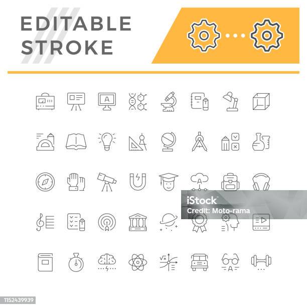 Set Editable Stroke Line Icons Of Education Stock Illustration - Download Image Now - Icon Symbol, Light Bulb, Outline