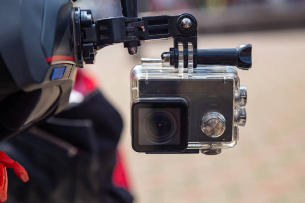 Action camera on a motorcycle rider's helmet