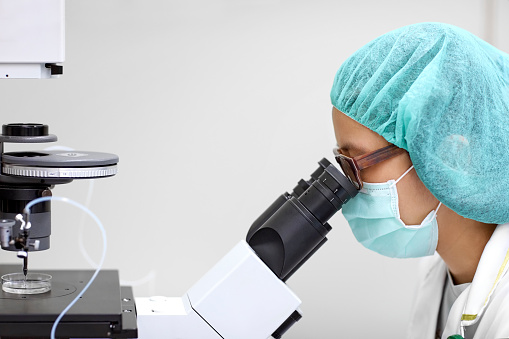 Side view of technician wearing eyeglasses while looking at cell culture dish through a microscope.