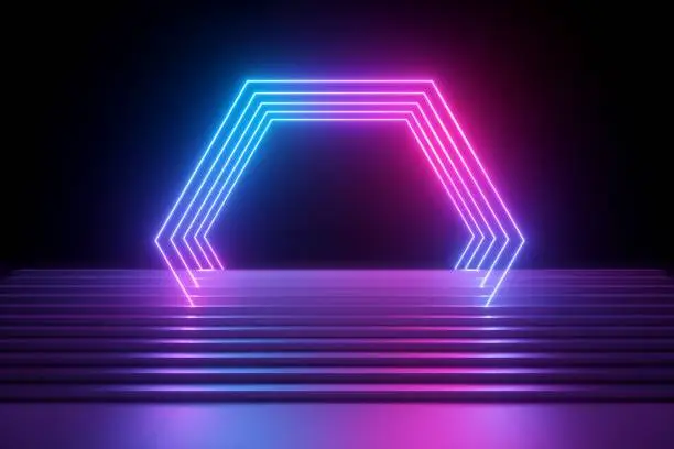 Photo of 3d render, abstract neon background, modern music performance stage, pink blue lights, futuristic polygonal gate, glowing lines, blank banner, ultraviolet spectrum, laser show