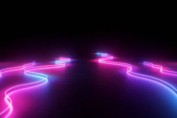 Photo of 3d render, abstract background, pink blue neon light, glowing dynamic wavy lines on the floor, ultraviolet spectrum