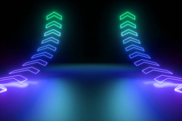 istock 3d render, blue green glowing neon arrows going up, abstract background, direction concept 1152442954