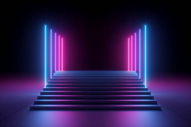 istock 3d render, abstract pink blue neon background, ultraviolet glowing vertical lines, illuminated stairs, fashion podium, performance stage 1152442978