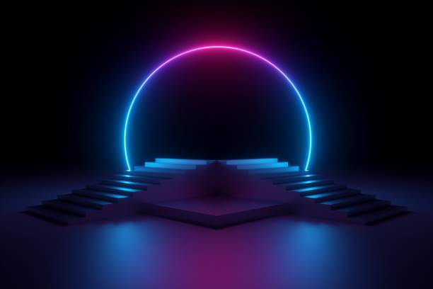 3d render, abstract neon background, music performance stage, glowing round shape above empty fashion podium, stairs, ultraviolet spectrum, pink blue laser show